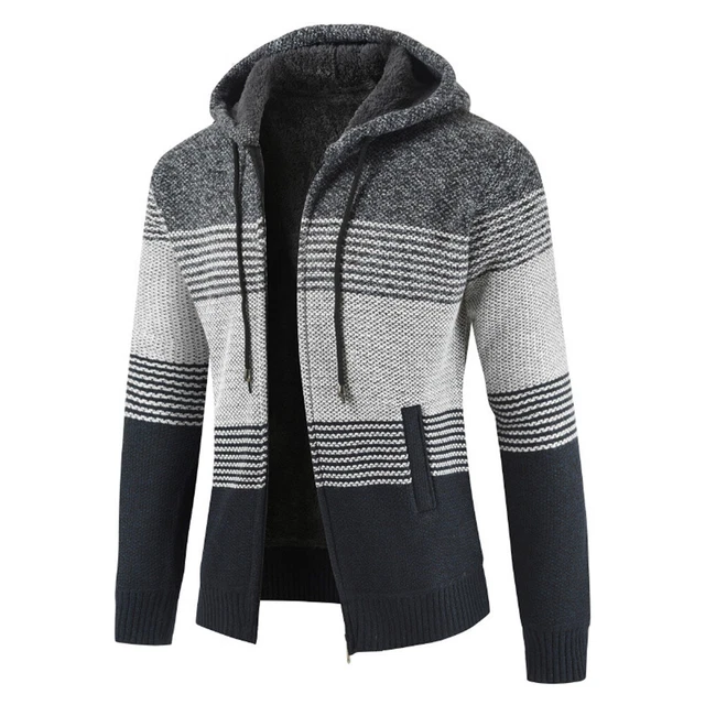 Mens Zip Up Thick Fleece Lined Cable Knitted Cardigan Winter Warm Jacket Jumper