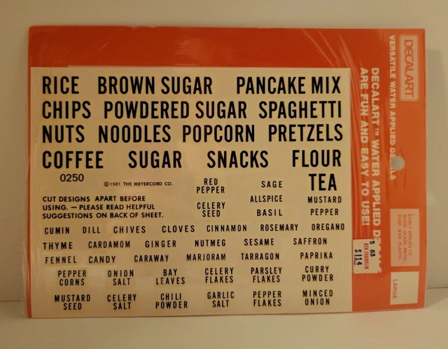 Calcomanías vintage 1981 nuevas en paquete Meyercord Decalart etiqueta de alimentos y especias #0250