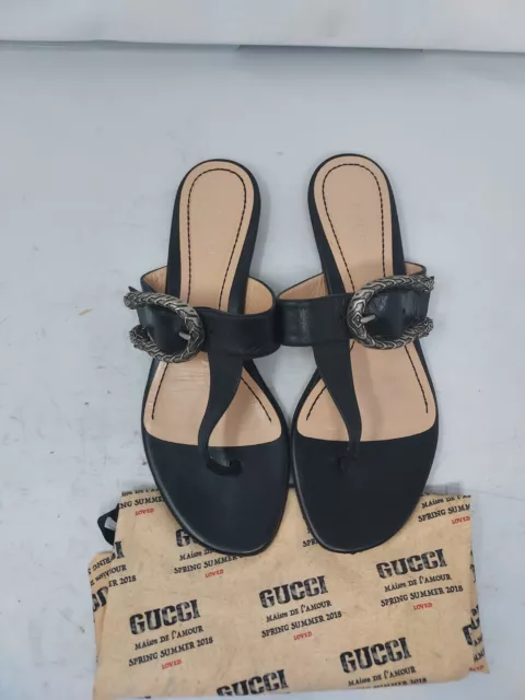 Gucci Black Leather Dionysus Thong Flat Sandals Size EU 38.5 US 8.5