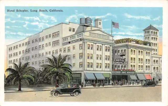 LONG BEACH, CA California  HOTEL SCHUYLER & Street View~Cars  c1920's Postcard