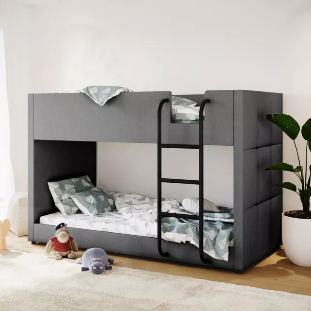 Upholstered Linen Fabric Double Solid Timber Frame Bunk Bed Kids Twin Bedroom 3