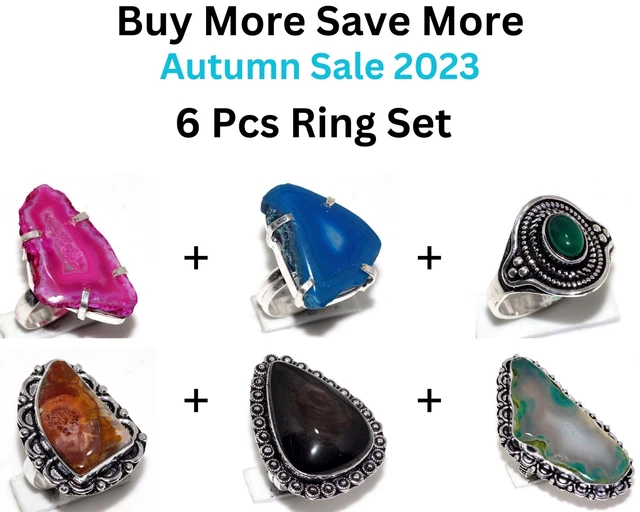 Agate Geode Slice,Green Onyx Obsidian Eye 6pcs Ring Combo Set 8.5 JW