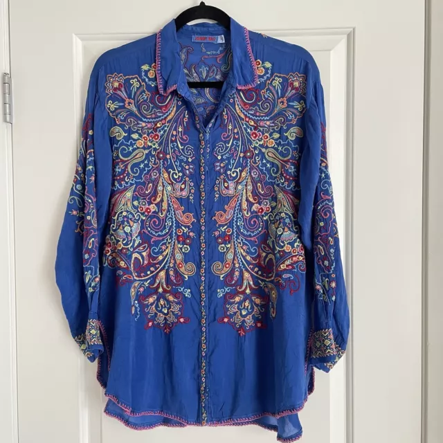 Johnny Was Top Small Button Up Tunic Shirt Blue Embroidery Long Sleeve Pink