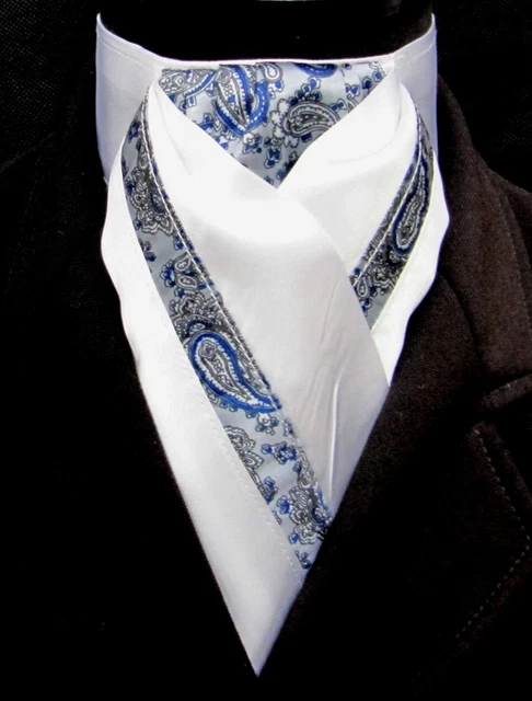 Fertig gebunden weiße königliche & silberne Paisley Kunstseide Reiten Stockkrawatte - Dressur