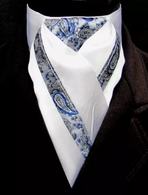 Ready Tied White Royal & Silver Paisley Faux Silk Riding Stock Tie - Dressage