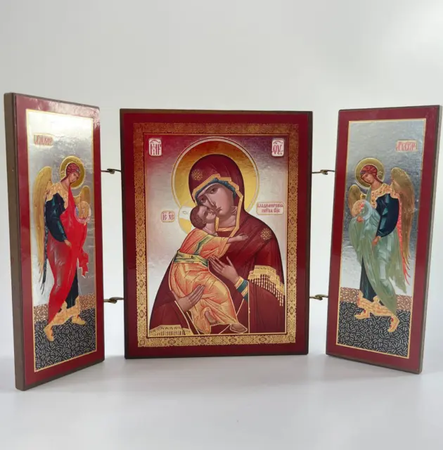 Vintage French Small Red Wooden Folding Religious Triptych Three Image Icon