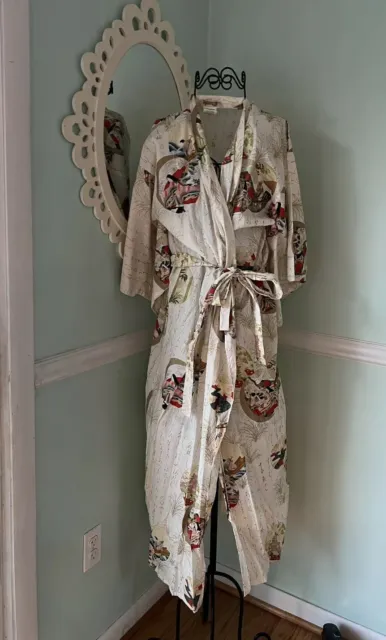 Japanese Yukata Kimono Robe White  Blue Red Cotton Floral Made in Japan M/L
