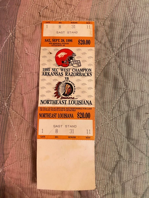 UNIVERSITY OF ARKANSAS vs NE Louisiana FULL TICKET RAZORBACKS FOOTBALL 1995