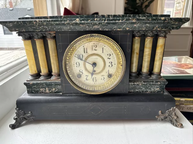 Antique Seth Thomas Adamantine 6 Pillar Mantle Clock Lions Head Handles - AS-IS