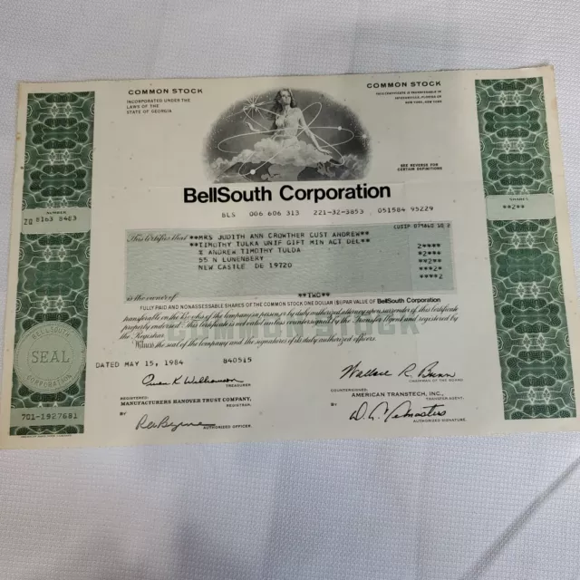 BellSouth Corporation Common Stock 2 Shares 1984