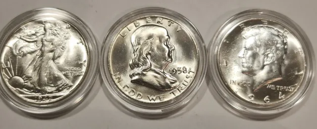 Historic Set of 3 ~ *BU* Liberty, Franklin and Kennedy 90% Silver 1/2 Dollars