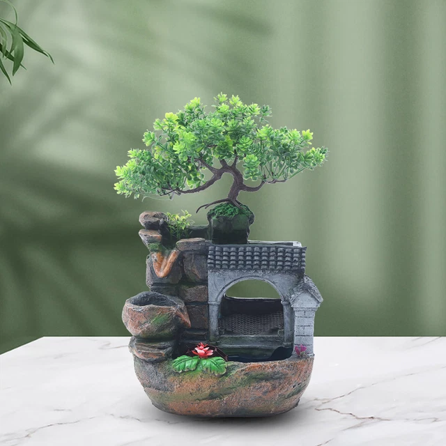 Tabletop Fountain Small Rockery Waterfall Fengshui LED Light Home Office Decor