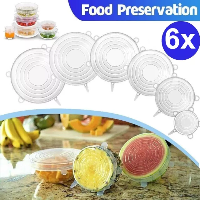 6PCS Stretch Reusable Silicone Food Saver Cover Seal Insta Lids Bowl Wraps Wrap