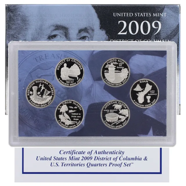 2009 S Proof Territories Quarter Set Gem DCam Original Box & COA 6 Coins CN-Clad