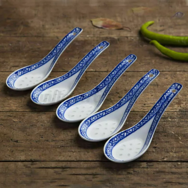 5Pcs White Porcelain Spoons Blue Patterned Asian Ceramics Chinese Soup Spoon AU