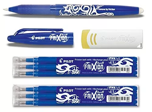 PILOT Tintenroller FRIXION BALL Blau + 6 Ersatzminen + Radierer Spar Set