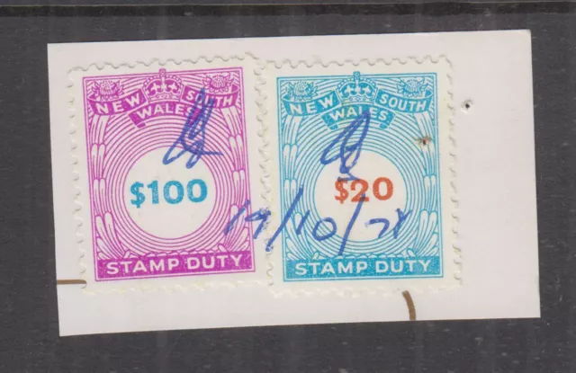 NSW 1966  $20, $100 STAMP DUTY Revenue-Elsmore Cat $70 FU on piece (2)