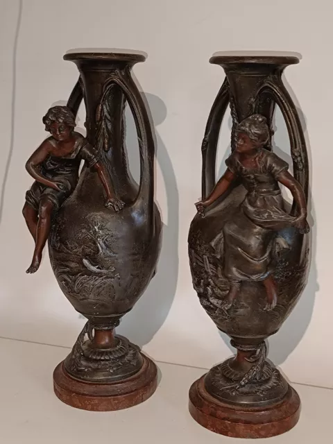 Jolie Paire De Vase Art Nouveau En Régule Signé François Moreau (1832-1927) 2