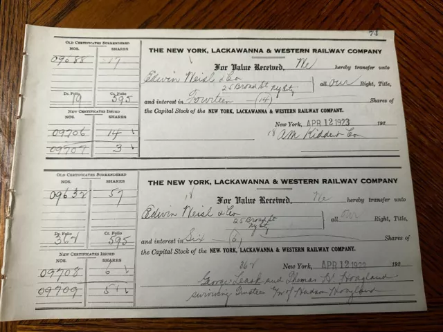 New York Lackawanna Western Railway Company Stock Transfer Receipt Page 1923 VTG