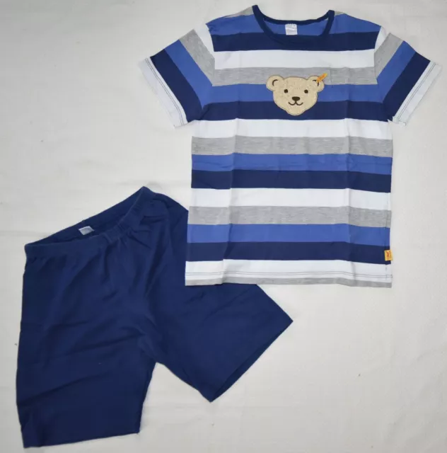 Steiff kurzer Pyjama Schlafanzug blau-gestreift Teddy Gr. 128 NEU