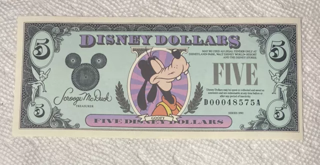 1990-DA Block. $5 Disney Dollars. Goofy. Disney World. CU. From Original Pack.