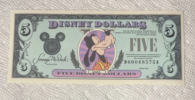 1990-DA Block. $5 Disney Dollars. Goofy. Disney World. CU. From Original Pack.