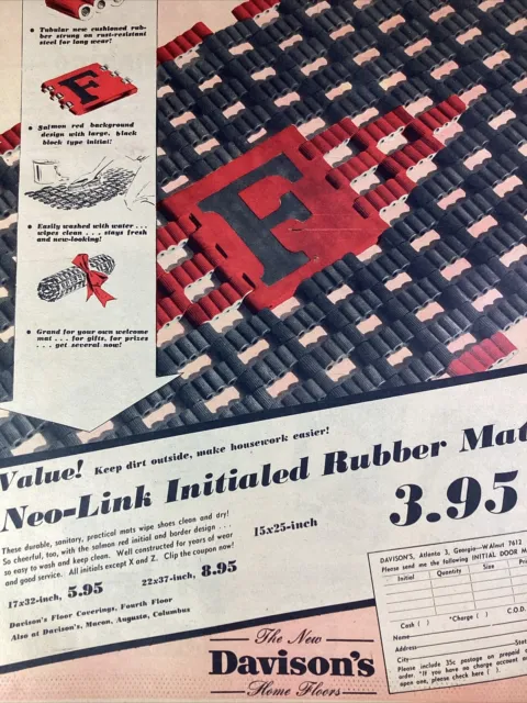 Atlanta GA Print Ad 1949 AJC Davison’s Rubber Mat Initials F