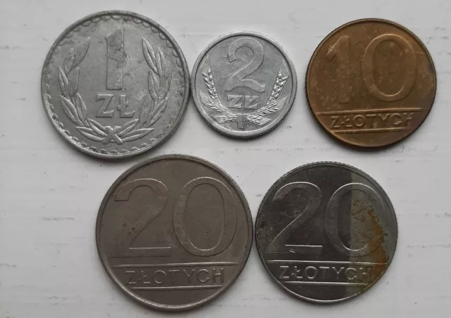 Polen, 5 PRL-Münzen-Set, Zloty, 1984-1990, guter Zustand, Sammlerstücke.