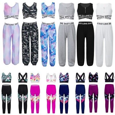 Kids Girls Street Dance Outfit Athletic Tracksuit Crop Top Trousers Set Costumes