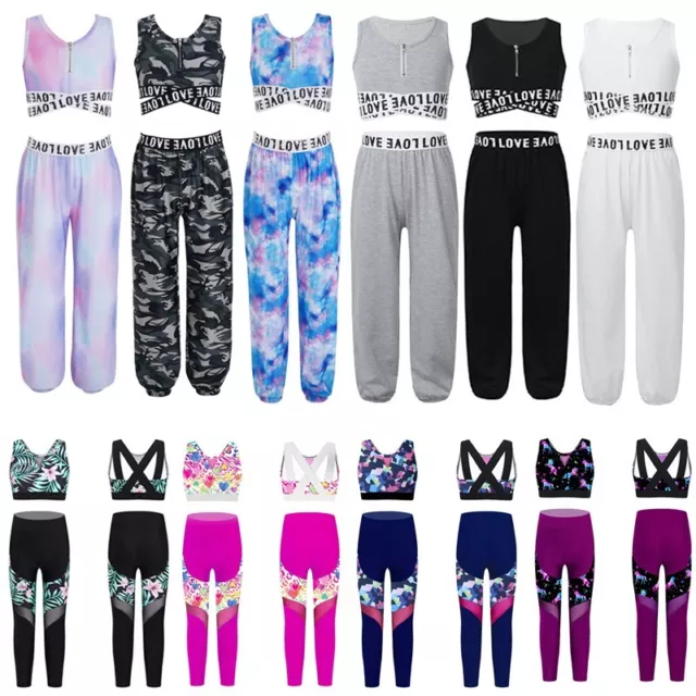 Kids Girls Street Dance Outfit Athletic Tracksuit Crop Top Trousers Set Costumes
