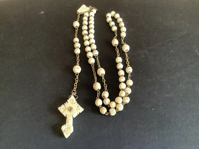 Grand Collier Chapelet / Rosaire En Albâtre Et Verre - Avec Croix, Occasion Vintage