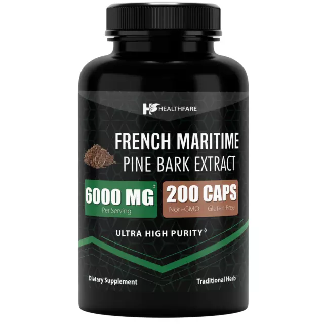 Healthfare French Maritime Pine Bark Extract Organic | 6000 mg | 200 Capsules