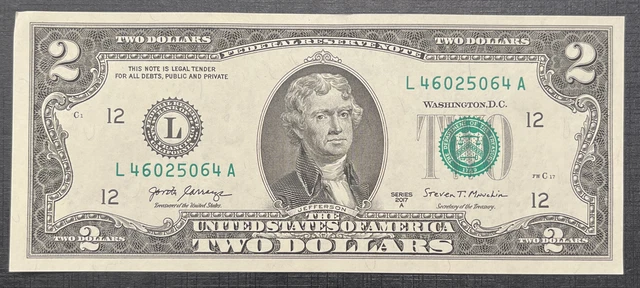 1 (one) 2017 A (series) TWO DOLLAR $2 Note CRISP UNCIRULATED,
