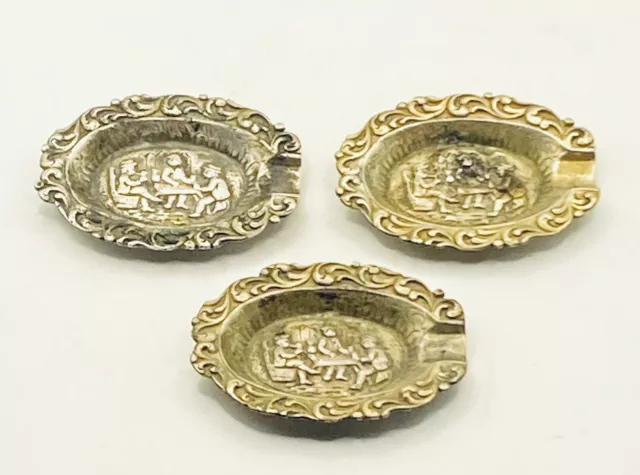 Antique Set of 3 Oval Repousse Dutch 835 Etched Silver Ashtrays 2.75"L