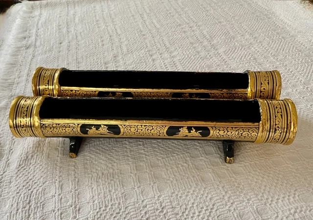 Pair Rare Antique Burmese Lacquer Manuscript Scroll Holder Tube Container circa