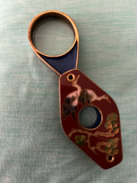 Vintage Pink Crane Cloisonne' Magnifying Glass Pendant Enamel Brass Chinese