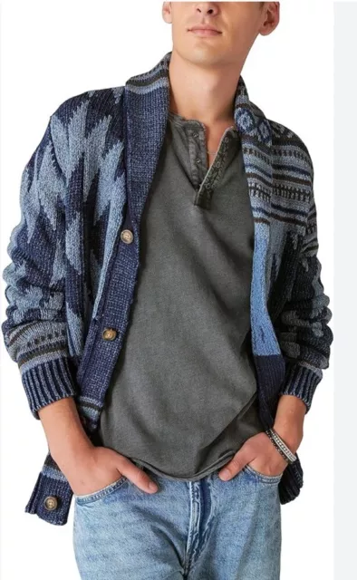 Lucky Brand Sweater Mens XL Southwestern Shawl Collar Neck Button Sweater Aztec