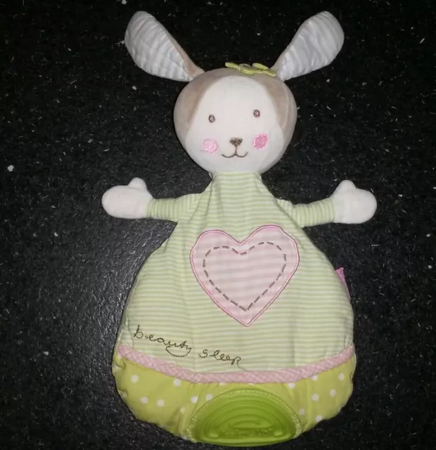 Doudou semi plat lapin BABYSUN vert et rose Beauty Sleep cœur anneau dentition