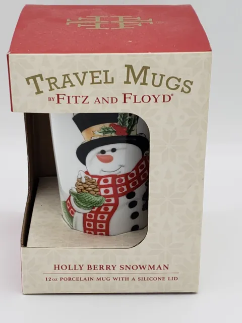 Fitz & Floyd Porcelain Travel Mug Holly Hat Snowman Silicone Lid 12 oz Brand New