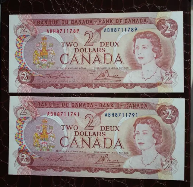 2 Almost Consecutive 1974 Bank Of Canada $2 Queen Elizabeth Ii