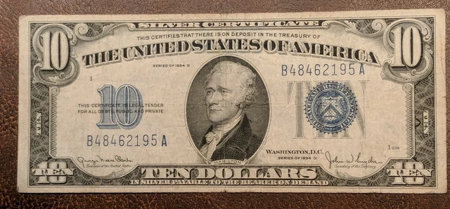 1934 D $10 Silver Certificate,Narrow B/P# 1398, RARE BA, Blue Seal,VF,Nice!