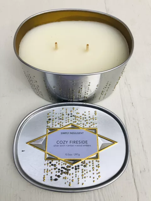 Simply Indulgent Candle Double Wick Cozy Fireside Tin 10.5oz Birch Amber Woods