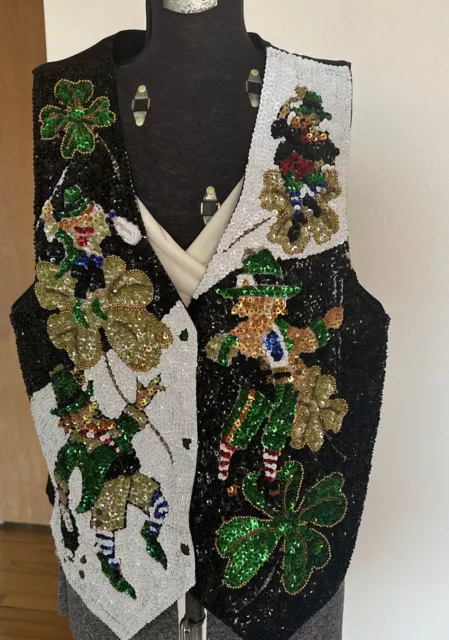 Vtg Fashion Fantasy Vest Sequins Beaded Party St. Patrick's Day Leprechauns