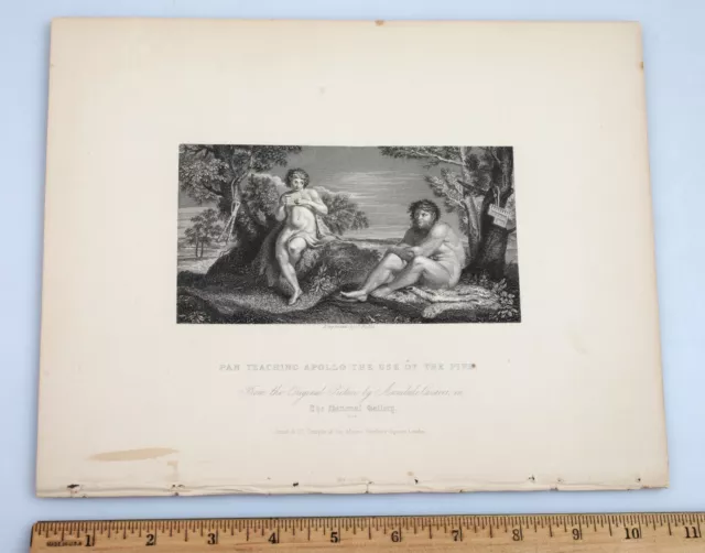 Antique Original 19th Century Engraving Pan Teaching Apollo the Use of the Pipe