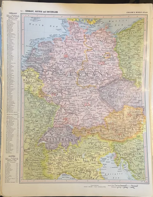 1953 Vintage Atlas Map Page - Germany map on one side and Netherlands and Bel...