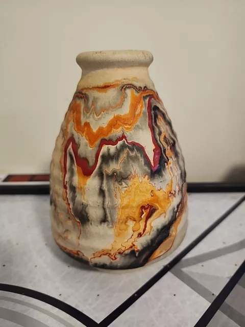 Vtg Nemadji Indian River Clay Pottery Vase Orange, Red, Black Swirl 6"