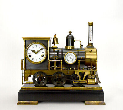 Large French Style 8 Day Brass Automaton Locomotive Industrial Train Clock