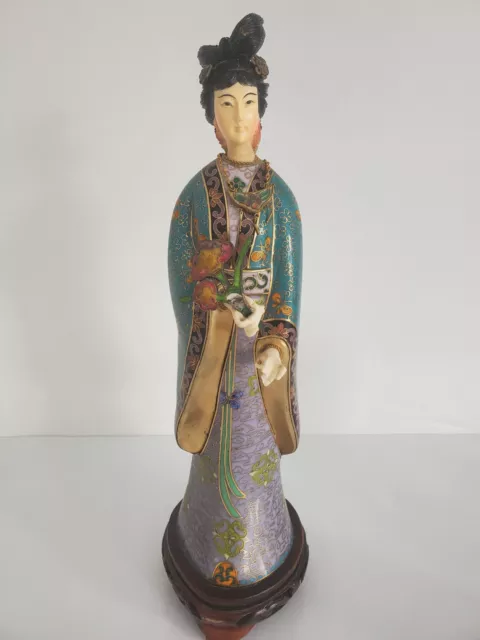 Vintage Chinese Cloisonné Statue Geisha Lady w/ Flowers in Her Hand H 13"