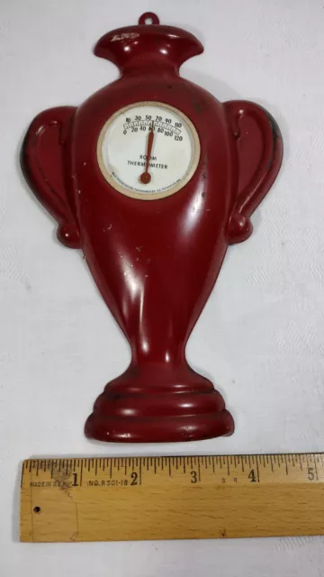 Vtg Mid-Century Pressed Metal Red Urn Shaped Tel-Tru Wall Thermometer USA