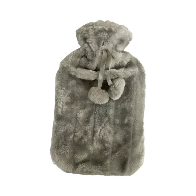 GREY Hot Water Bottle with Cosy Faux Fur Pom Pom Cover Fluffy Soft Large 2 Litre